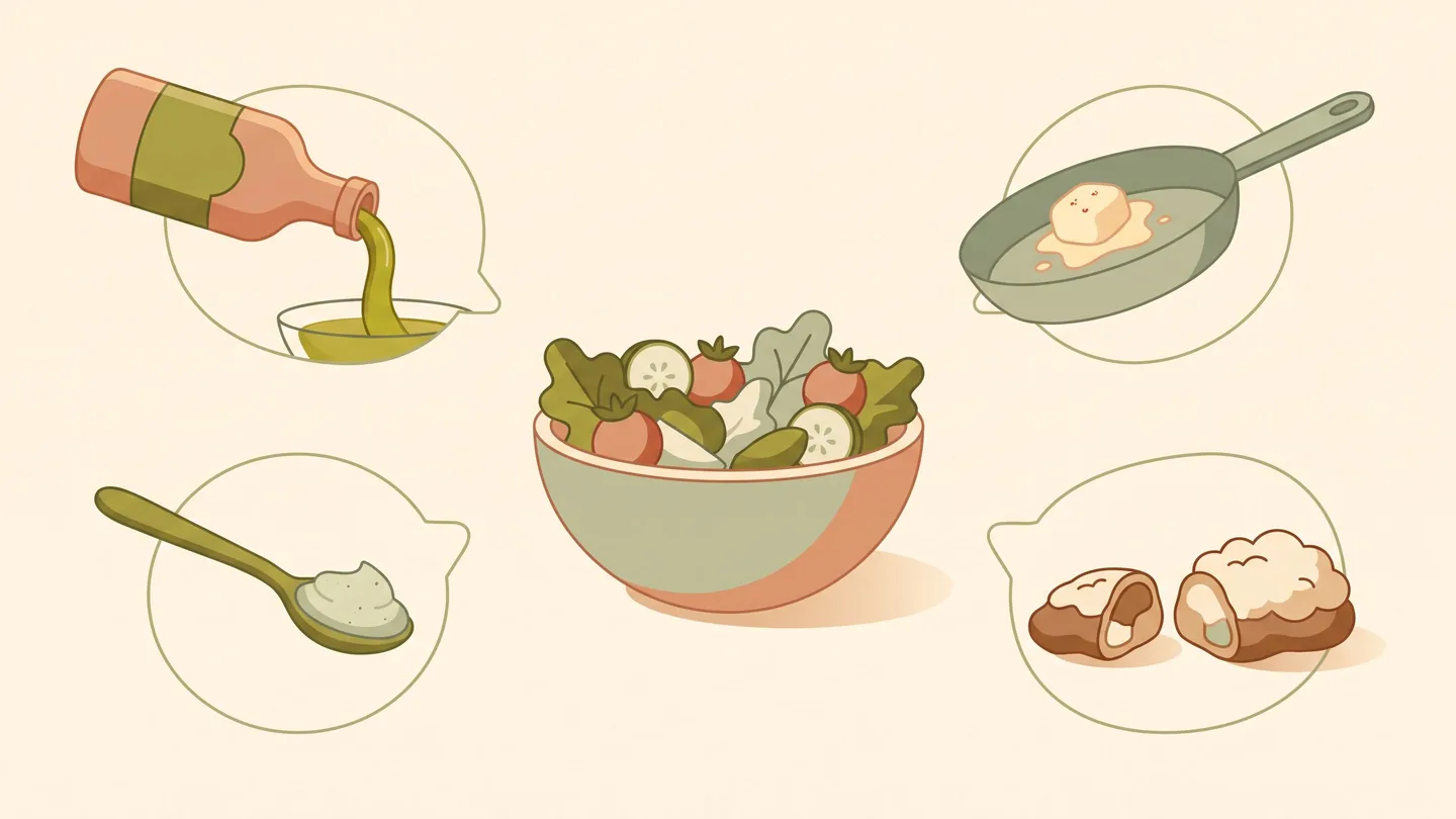 Illustration of the calories a photo cannot see: oil being poured, butter melting in a pan, a spoonful of sugar and dressing on a salad