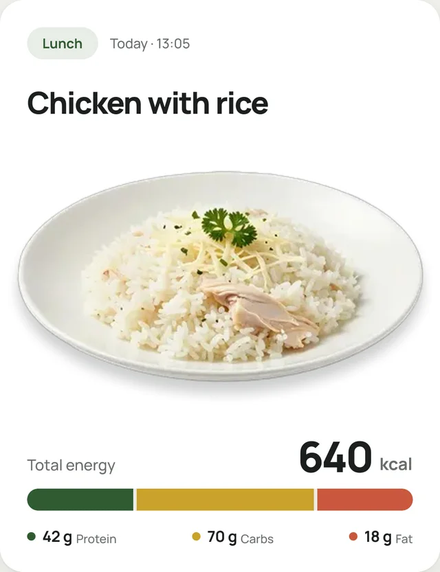 A meal card from Olivka: chicken with rice, 640 kcal, 42 g protein, 70 g carbs, 18 g fat